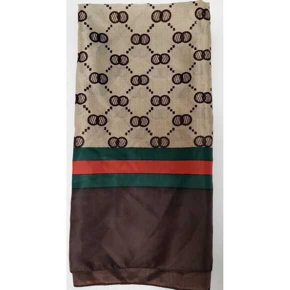 VTG Scarf Geometric 27" Square Brown/Red/Green/Tan Bordered Tennis Taiwan Nylon - Picture 4 of 6